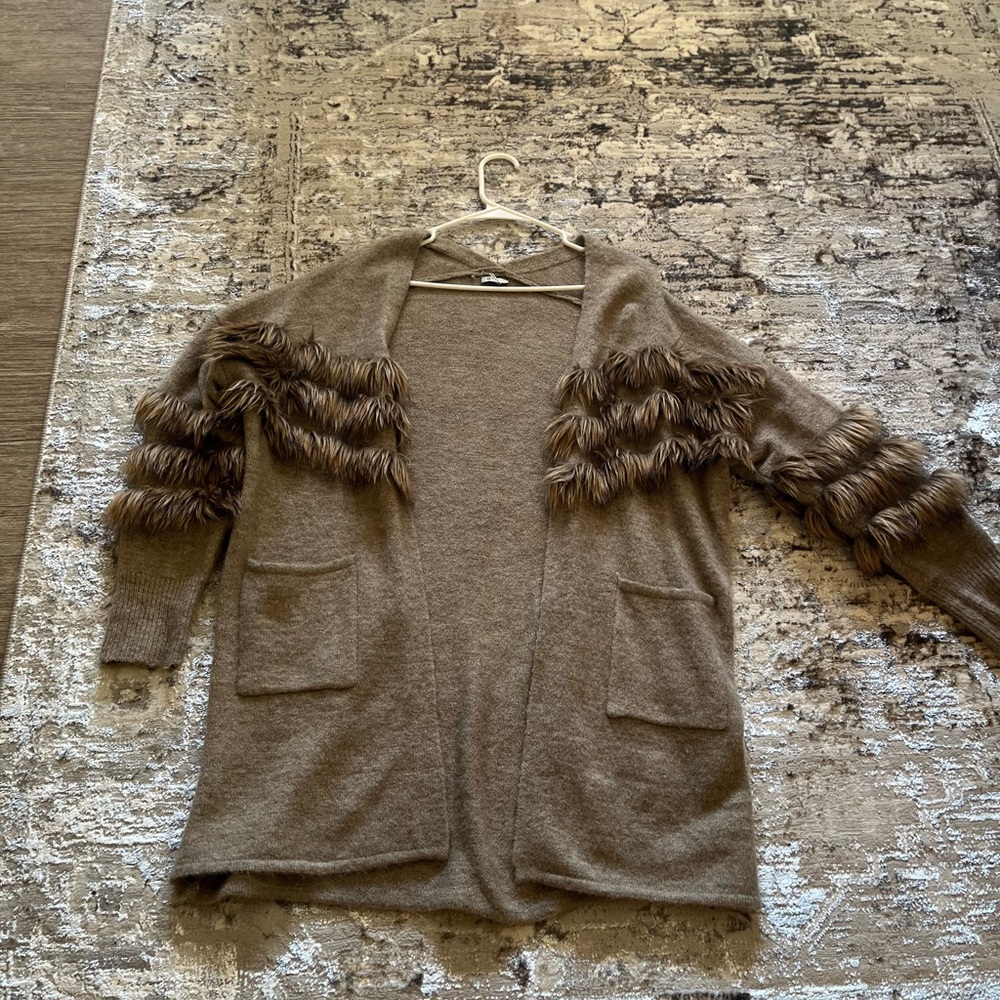 Brown Cardigan with Textured Sleeves and Open Front